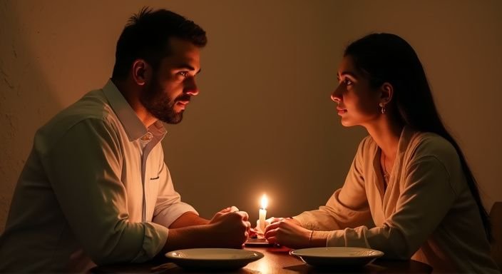Een man en een vrouw delen een intieme maaltijd aan tafel