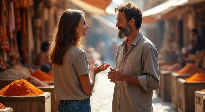 Een vrouw in een markt, omringd door kleurrijke textielen en specerijen