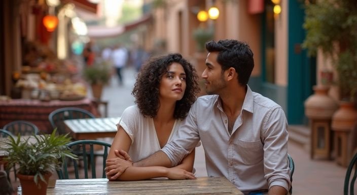 Een stel geniet van een intiem gesprek in een café in Marrakesh