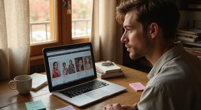 Een man zoekt geconcentreerd op zijn laptop naar Marokkaanse vrouwen sexdating.