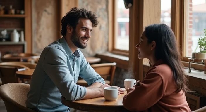 Een man en een vrouw genieten van een gesprek over Marokkaanse vrouwen sexdating aan tafel