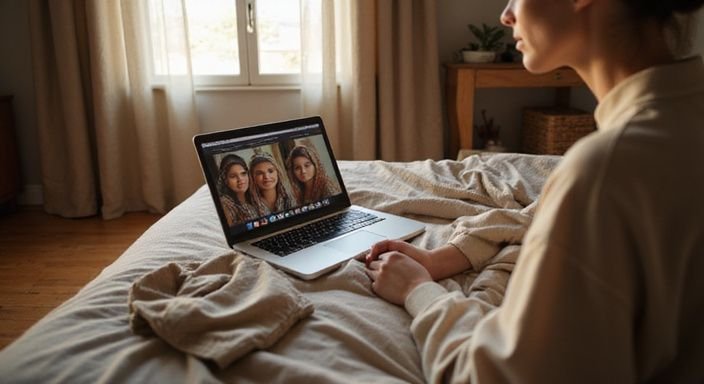 Een slaapkamer met een laptop en een open datingwebsite