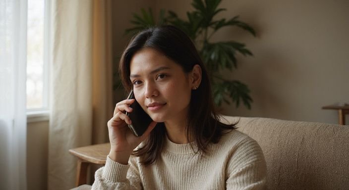 Een vrouw is verdiept in een telefoongesprek over.