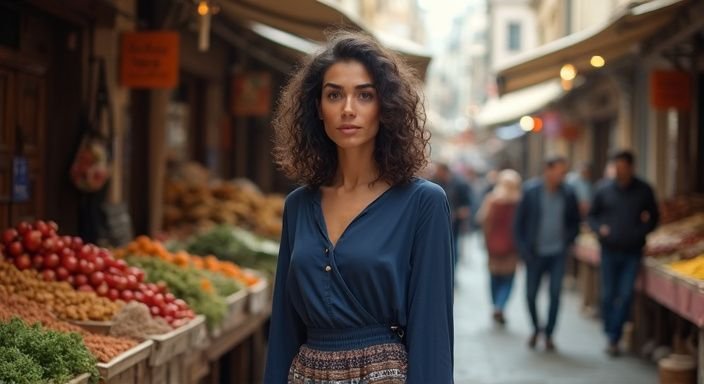 Een vrouw in een levendige marktscène met traditionele kleding wil Turkse Vrouwen sexdating.