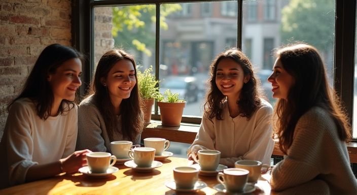 Vijf vrouwen genieten van koffie in een gezellige koffiebar.