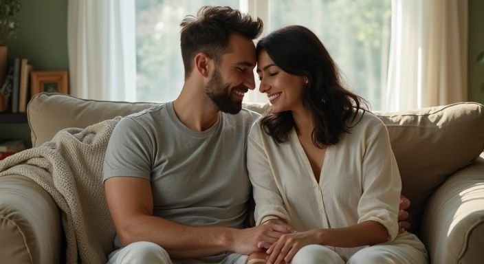 Een jonge man en vrouw zitten dichtbij op een bank en genieten van Turkse Vrouwen sexdating.