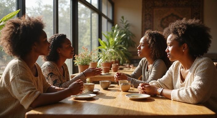 Een diverse groep vrouwen geniet van samen zijn in een café.