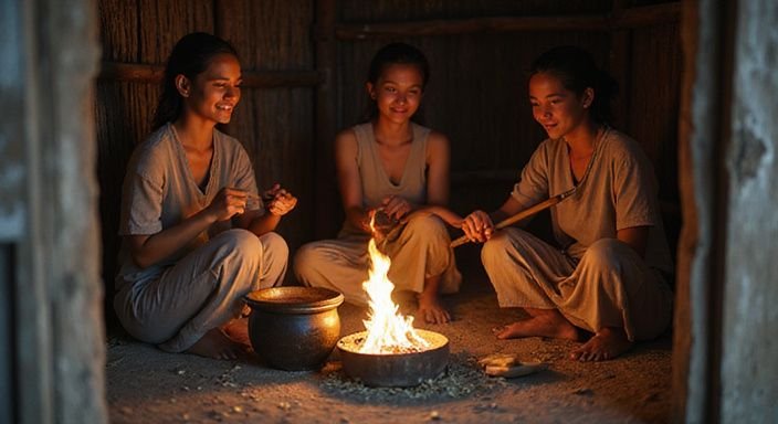 Een groep vrouwen rond een vuur in een rustieke hut.
