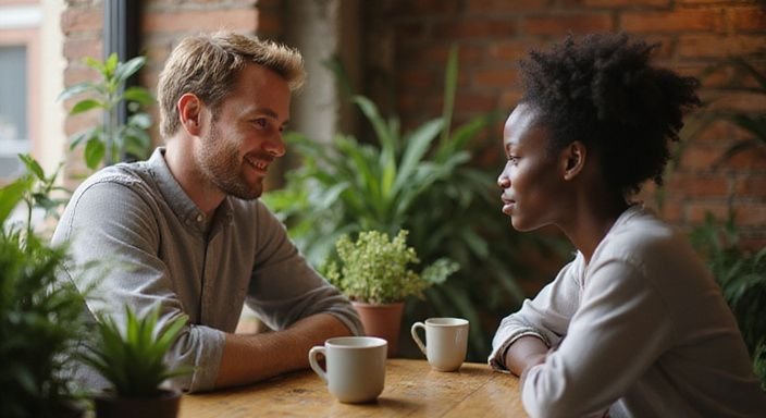 Een man en zijn partner zitten ontspannen in een café tijdens hun Afrikaanse vrouwen sexdating.