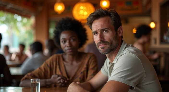 Een man en vrouw delen een gesprek in een levendig restaurant.