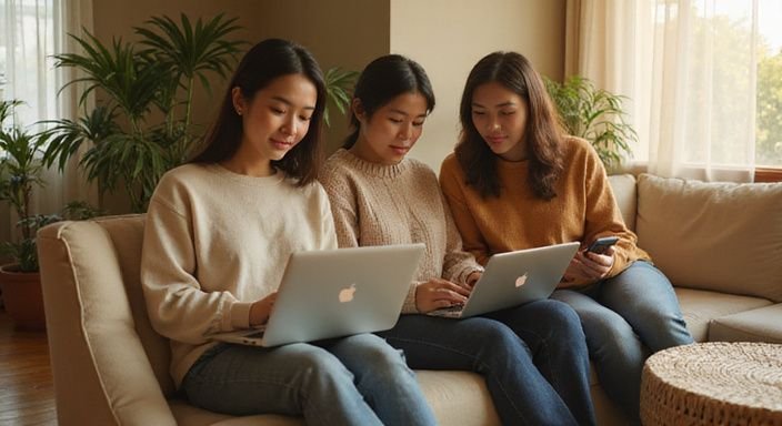 Een groep vrouwen zit samen op een bank met digitale apparaten.