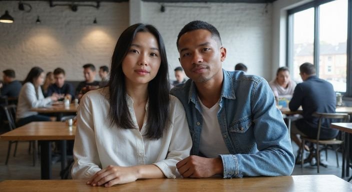 Een vrouw en een man zitten samen in een modern café