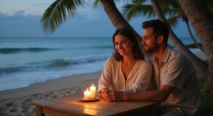 Een stel geniet van een intieme maaltijd aan het strand.
