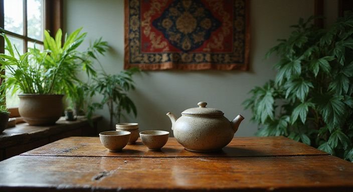 Een serene ruimte met een traditionele theeset en groene planten.
