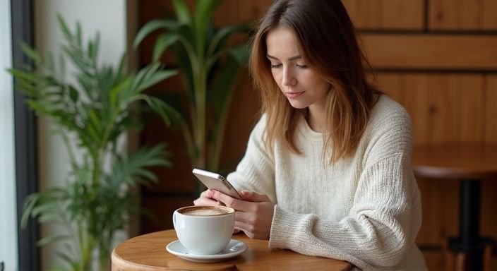 Een vrouw in een café leest geconcentreerd op haar smartphone.