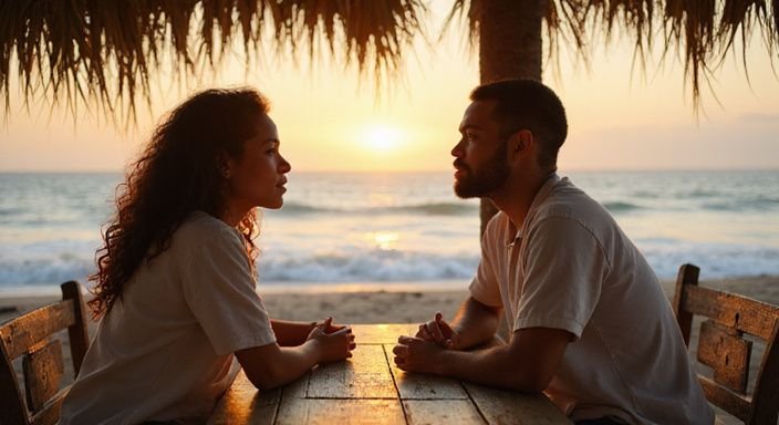 Een jong koppel geniet van een intiem diner aan het strand.