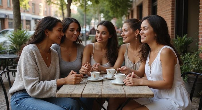 Een groep vrouwen geniet van getinte vrouwen sexdating in een café.