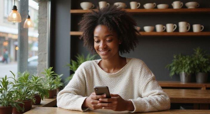 Een jonge vrouw zit ontspannen met haar smartphone in een café.
