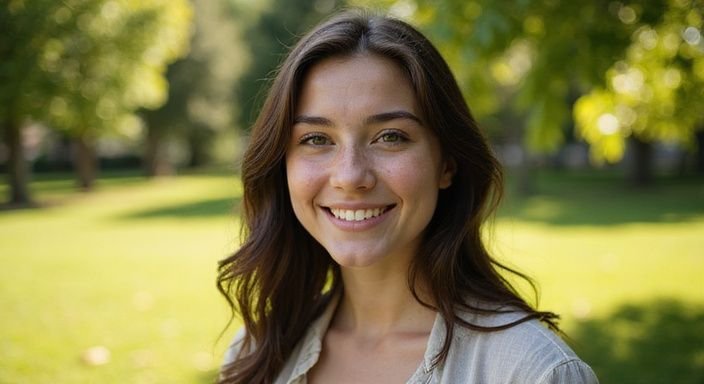 Een zelfverzekerde jonge vrouw met golvend haar en een stralende glimlach.