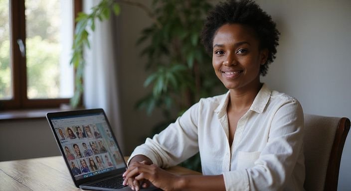 Een vrouw zit ontspannen achter een houten bureau met een laptop.