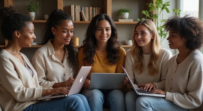 Een groep vrouwen in een huiselijke setting deelt getinte vrouwen sexdating.