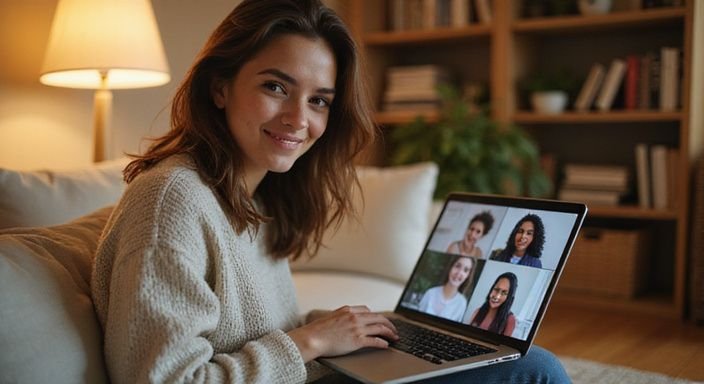 Een jonge vrouw lacht tijdens een videogesprek over getinte vrouwen sexdating op haar laptop.