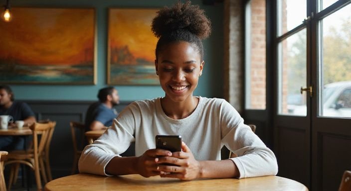 Een jonge vrouw geniet van een rustige café-moment met haar smartphone.