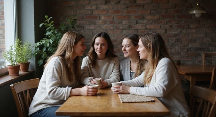 Een groep vrouwen geniet van een intiem gesprek in een café.