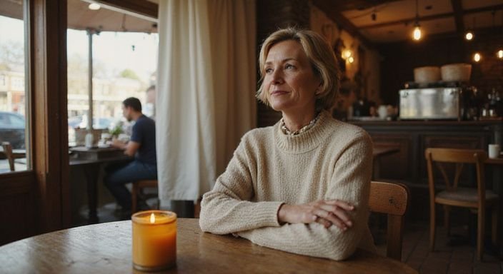 Een middeljarige vrouw in een café, verdiept in gedachten.