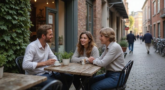 Een gezellig café op een cobblestone straat met converserende locals.