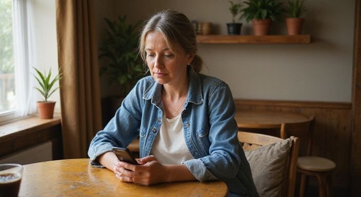 Een middelbare vrouw in een café, hoopvol zoekt op een datingapp naar oudere vrouwen dating Oost-Vlaanderen.