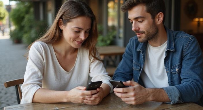 Vrouw en man ontspannen samen in een café met smartphones.