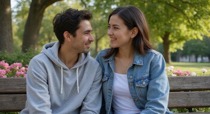 Twee vrienden zitten samen op een houten bank in het park.