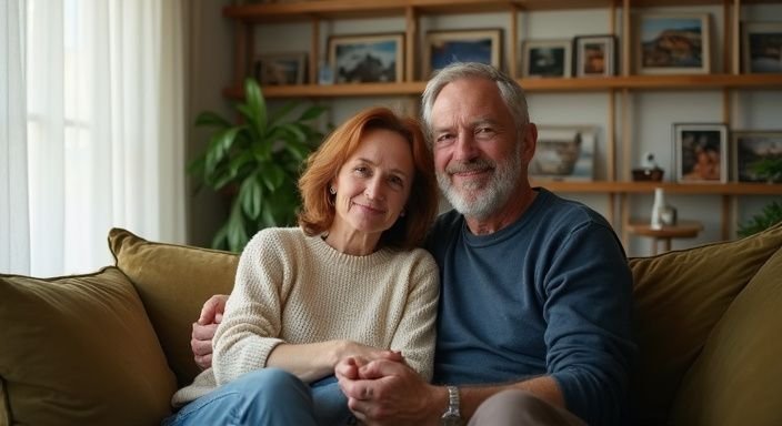 Een middel ouder paar geniet samen op een versleten bank.