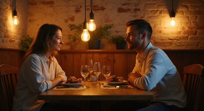Een man en vrouw delen een intiem moment tijdens oudere vrouwen sexcontact Vlaams-Brabant in een restaurant.