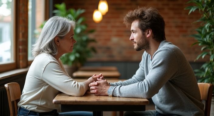 Een oudere vrouw en jongeman hebben een diepgaand gesprek in een café.
