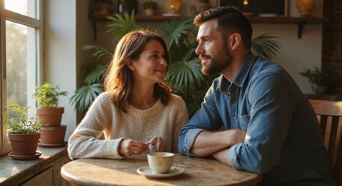 Een vrouw en man genieten van een intiem gesprek over oudere vrouwen sexcontact Vlaams-Brabant in een café.