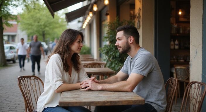 Een man en vrouw genieten van een intiem gesprek over oudere vrouwen sexcontact Vlaams-Brabant buiten een café.