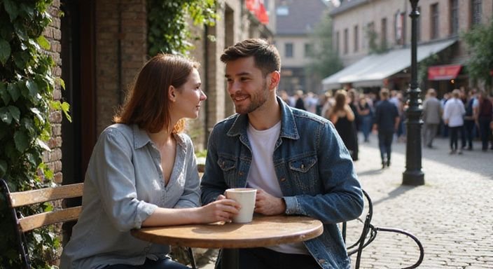 Twee vrienden genieten van een intiem gesprek over oudere vrouwen sexcontact West-Vlaanderen in een café.
