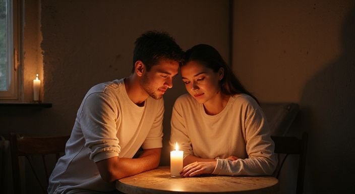 Twee mensen delen een intiem moment aan een houten tafel.