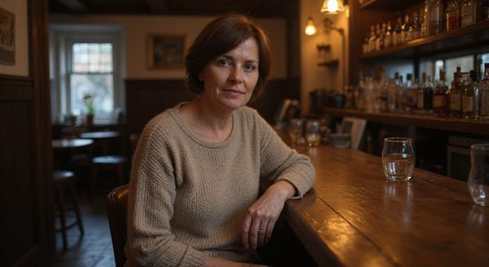 Een middelbare vrouw zit alleen aan de bar in een pub.