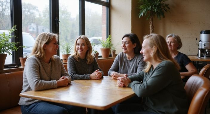 Groep middenjarige vrouwen geniet van een levendig gesprek in een café