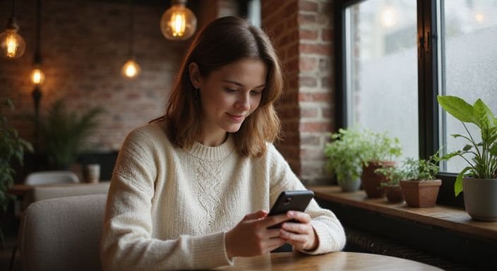Een vrouw in een café scrollt door een dating-app.