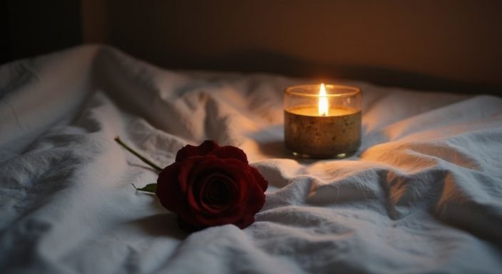 Een rode roos ligt op een verfrommeld wit beddengoed.