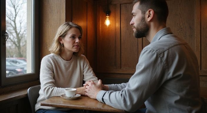 Een vrouw en een man voeren een rustige conversatie over rijpe vrouwen sexcontact in Antwerpen in een café.