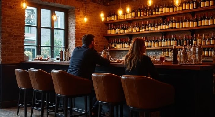 Een intieme vintage wijnbar in Antwerpen met comfortabele sfeer.