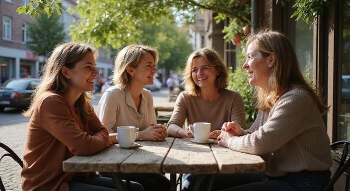 Een groep vrouwen geniet van koffie en lachen op een terras.