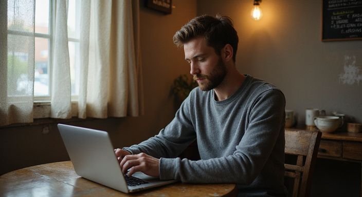 Een man in een café zoekt op zijn laptop naar rijpe vrouwen sexcontact in Antwerpen.