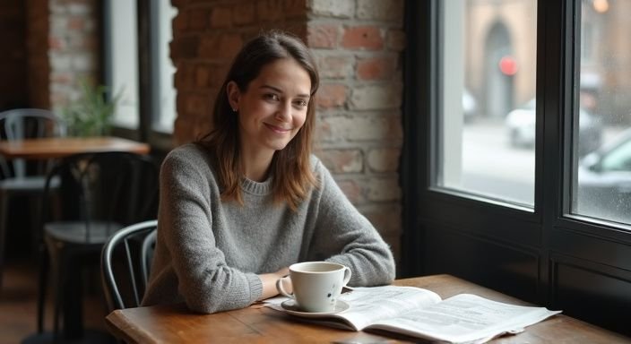 Een vrouw geniet van rijpe vrouwen sexcontact in Antwerpen in een gezellige caféhoek.