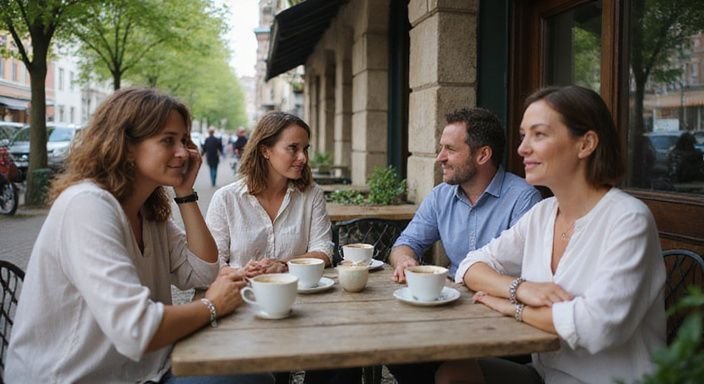 Vrouwen en mannen genieten van een gesprek over rijpe vrouwen sexcontact Brussel bij een café in Brussel.